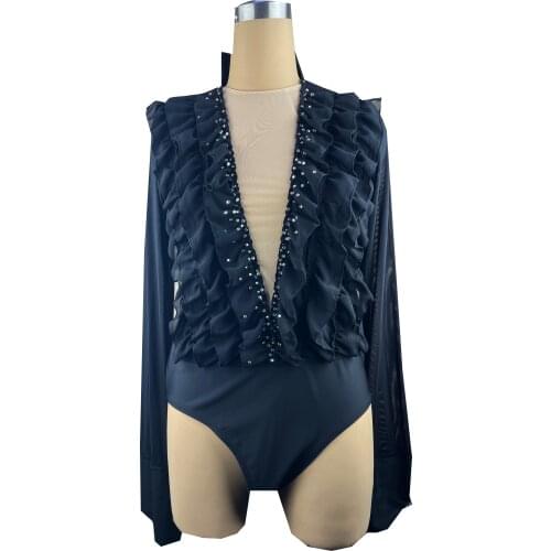 Black Figure Skating Dress Long-Sleeved Ice Skating Skirt Spandex