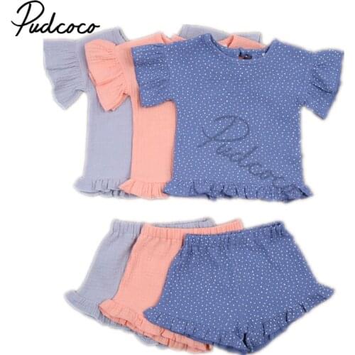 2021 Children Summer Clothing Kid Girl Ruffled Short Sleeves Shirt Tops + Shorts, Ruffled Decoration Neckline Bandage 1-5Y