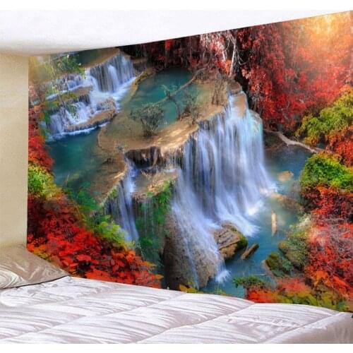 Forest Fall Tapestry Wall Hanging Nature Autumn Waterfall Landscape Hippie Mandala Tree Boho Wall Decor Blanket Bedroom Yoga Rug