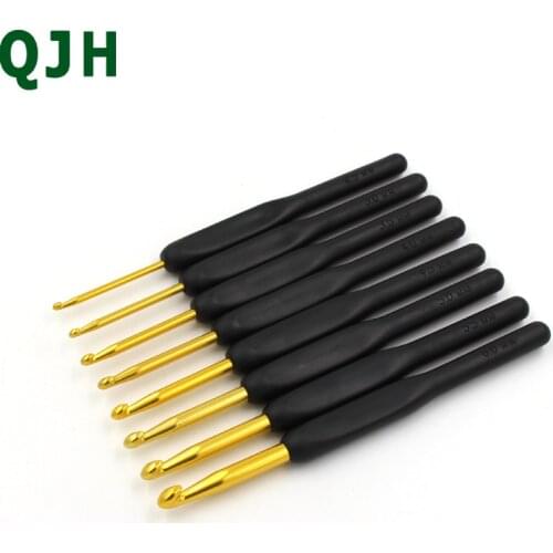Knitting Tools Sweater Needles QJH 1 set/8 pcs Plastic Black Soft Handle Big Gold Crochet Aluminum Hooks Knit Weave Craft RX156