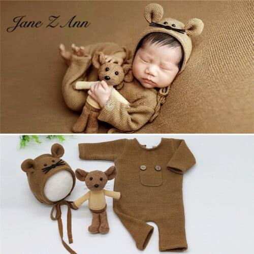 Jane Z Ann Newborn Photography Clothing Baby Soft Knitted Bodysuit + Hat + Doll Mouse Three-Piece Suit