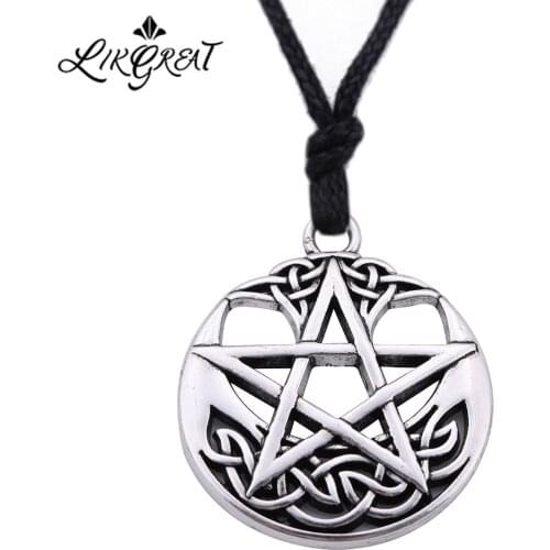 LIKGREAT Vintage Pentagram Round Pendant Necklace Celtics Knot Wicca Jewerly Hollow Pentacle Accessories Amulet Necklace
