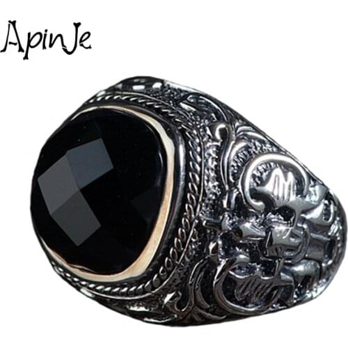 Apinje Big Black Stone Ring for Men Real Solid 925 Silver Vintage Onyx Thai Rings Biker Men Jewelry