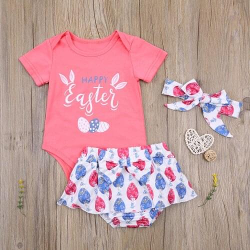 0-18M Cute Infant Baby Girl Easter Clothing Letter Short Sleeve Romper Top+Cartoon Bunny Print Bow Shorts+Headband 3pcs