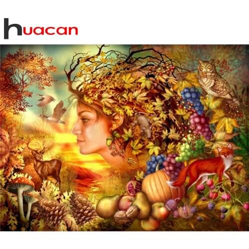 Huacan 5d DIY Full Square Diamond Painting Portrait Woman Diamond Embroidery Cross Stitch Mosaic Fruits Autumn Winter Needlework