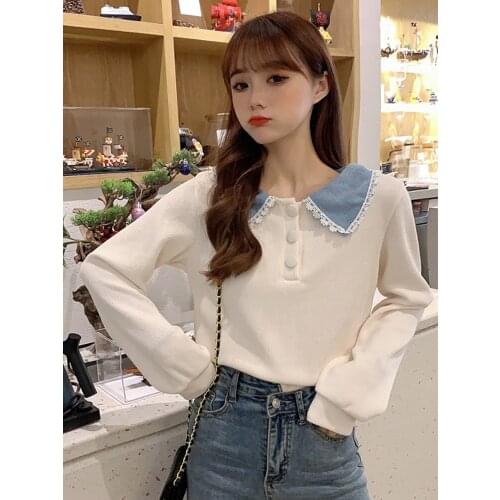 Autumn French style sweet and loose long-sleeved peter pan collar shirt design doll collar lace patchwork shirt women