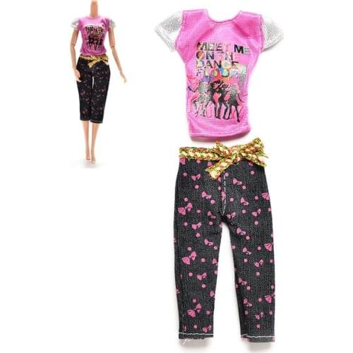 Casual Letter Character Printed Summer fashion Waistband T-Shirt Capri Pants With Bow Clothing Sets for Barbie Dolls