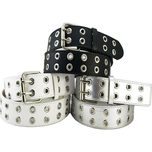 PU Leather Adjustable Fashion Double Grommet Belt Rock Motorcycle Waist Strap for Jeans Costume