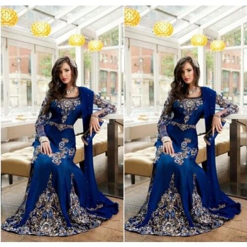 Blue Muslim Evening Dresses A-line Long Sleeves Appliques Beaded Moroccan Kaftan Dubai Saudi Arabia Long Prom Dress Gown