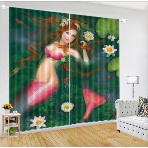 Girl Bedroom Curtains Luxury Blackout 3D Window Curtain Living Room decorate Mermaid pattern Cortinas Drapes Rideaux pillowcase