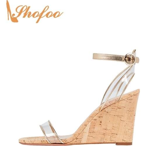 Gold Clear Patchwork Women Sandals Cork High Wedge Heels Open Toe Large Size 14 16 Ladies Summer New Fashion Mature Shoes Shofoo