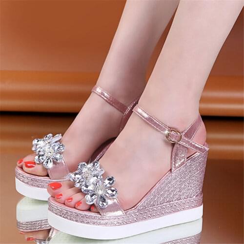 2021 Female Fashion Flower Open Toe Sandals Dress Silver Sandals Women Rhinestone Wedges Platform Party Shoes Woman 33-40