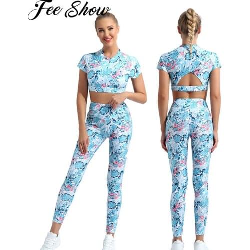 2Pcs Women Summer Printed Yoga Sets Tracksuits Sports Set Suit Round Neck Short Sleeve Cropped Top T-shirt with Pants Sportswear