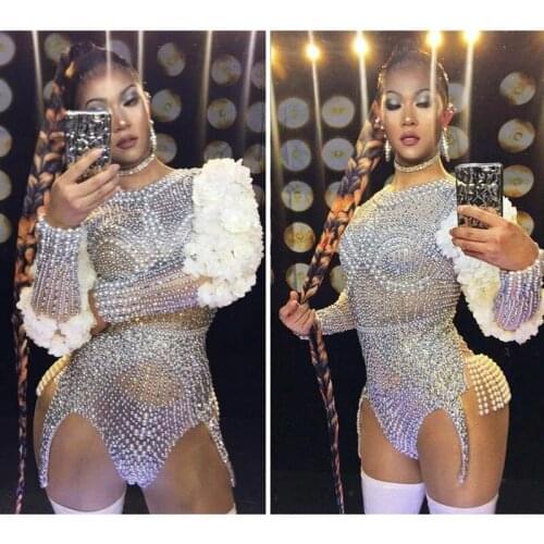 Female Singer Dancer sleeve flower Costume Silver Sparkly Rhinestones Pearls Petal Sleeve Bodysuit Luxurious Stage Dance Clothes