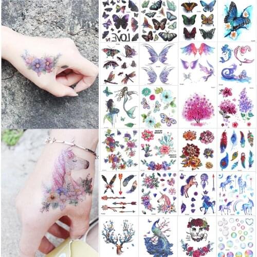1 Sheet Glitter colorful Flash Body Tattoo Waterproof Sticker Cartoon Unicorn Cat butterfly Decal Temporary Children Tattoo Gift