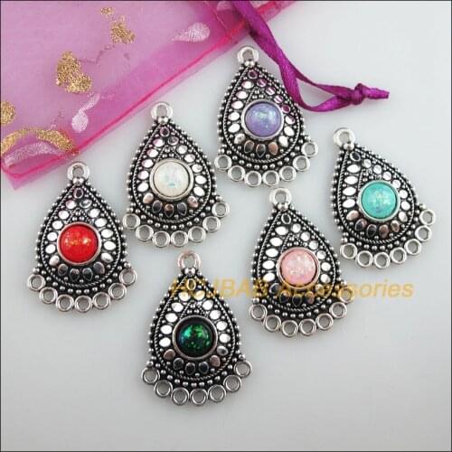 6Pcs Tibetan Silver Tone Retro Teardrop Mixed Round Resin Charms Connectors 25.5x36mm