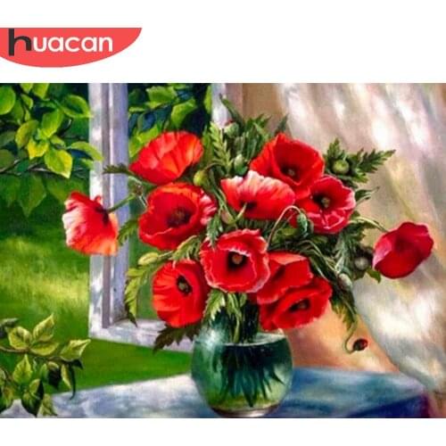 HUACAN Full Drill Diamond Painting Poppy Diamond Embroidery Vase Of Flowers Mosaic Window Home Decor Wall Decor