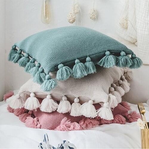 Knitted Cushion Cover Grey Pink Green Solid Color Pillow Case 45*45cm Sofa Bed Nursery Room Decorative Pillow Cover With Tassel
