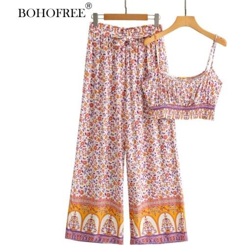 Boho Vintage Floral Print Rayon Cotton Long Pants + Tops Sleeveless Setwear Beach Jumpsuits Bohemian Rompers