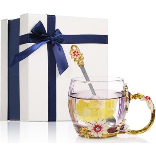 Flower Tea Cup Enamel Craft Glass Coffee Mugs Lead-Free Heat-resistant Drink Mug With Spoon Women Mum Sister Creative Gift Box