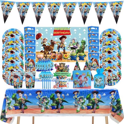 Disney Toy Story Theme Cartoon Paper Party Supplies Cup Plate Straw Toy Story Birthday Party Banner Disposable Decoration Supply