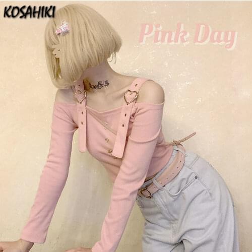KOSAHIKI Japanese Harajuku Gothic Love Print Girls Letter Embroidered Long Sleeve Off Shoulder T Shirt Crop Top Chic Streetwear