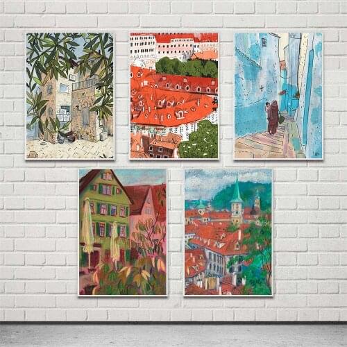 HD Printed Building House Graffiti Canvas Painting Wall Art Town Scenery Poster Modern Home Decor Bedroom Modular Pictures Frame