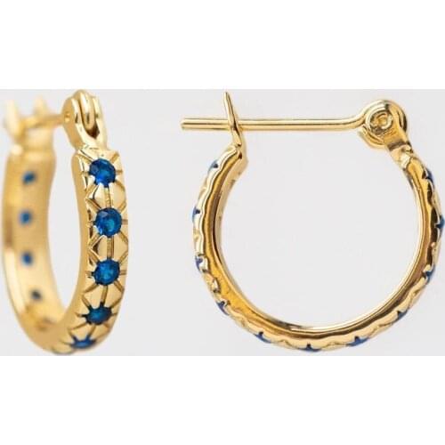 Bezel Set Blue White Cubic Zirconia CZ Starburst Star Light Band Round Circle Hoop Earring