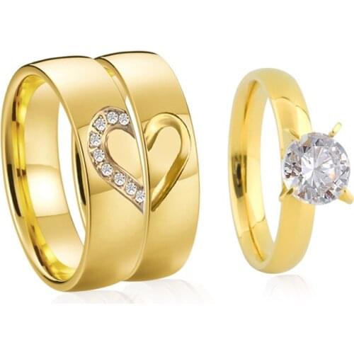 Classic 3pcs Love Heart Wedding Engagement Rings Set for Men And Women Cubic Zirconia Diamond Couple Ring 18k Gold Plated