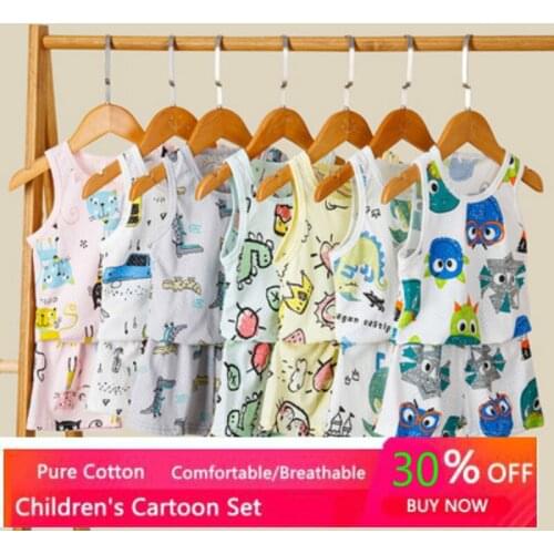 Girls Summer Pajamas Sets Teenage Boys Sleeveless Vest + Pants Sleepwear Kids Clothes Baby Tracksuit Child Outfits Free Shipping