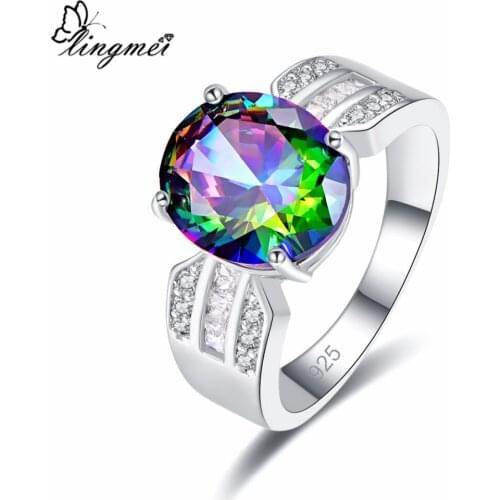 Lingmei Dropshipping Fashion Chic Oval Cut Multi & White & Green Zircon Silver Color Ring Size 6 7 8 9 Wedding For Women