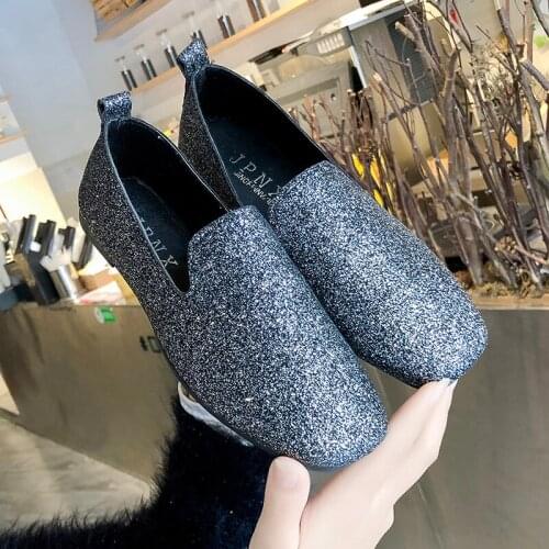 New womens Casual Shoes Gold Glitter Leisure Slip On Loafer Shoes women Party Shoes For Show Silver Black Size
