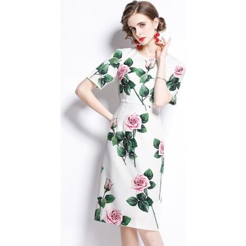Fashion Runway Summer Dress Women O-Neck Zipper Short Sleeve Rose Flower Print White Slim Vintage Midi Party Prom Vestidos K9873