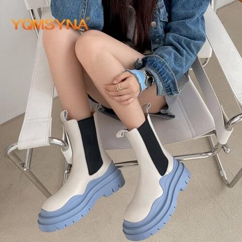 YQMSYNA Fashion Ankle Boots Genuine Leather Thick Bottom Non-slip Mixed Colors Chelsea Boots Casual Round Toe Office Shoes AS311