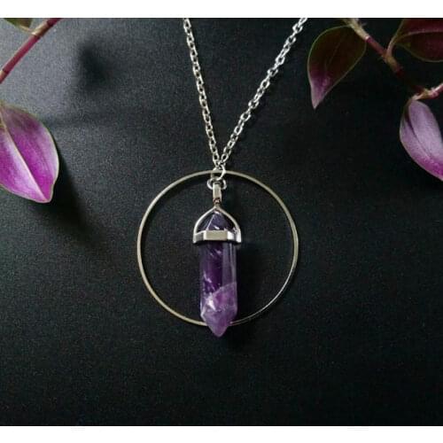 1pcs Natural Stone Healing Pointed Pendant Necklaces Hexagonal Column Circle Bullet Crystal Women Yoga Jewelry