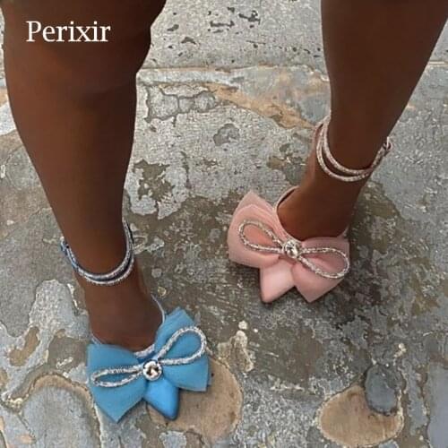 Perixir Ladies Summer Crystal Heel Square Toe Satin Bowknot Flower Shallow Buckle Strap Rhinestones Chain With Rhinestones Pumps