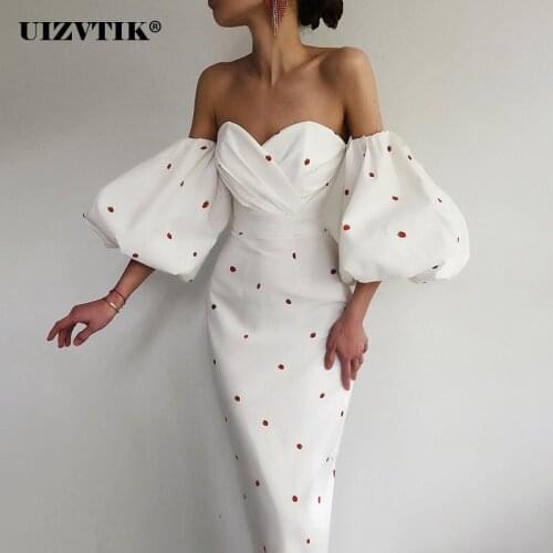 Strawberry Print Lantern Sleeve Off Shoulder High Waist Midi Dress Women Summer Sexy Elegant Backless Bodycon Long Party Dresses