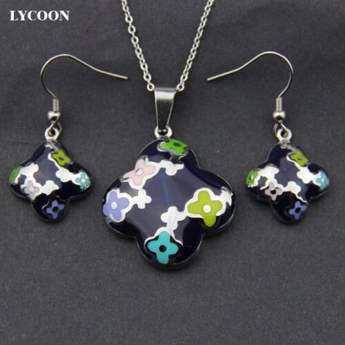 LYCOON newest stainless steel flower style with colorful resin pendant necklace enamel earrings jewelry set for women LYS009