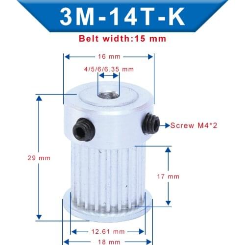 Timing Pulley 3M14T Inner Bore 4/5/6/6.35 mm Aluminum Belt Pulley Slot Width 17 mm Match with 3M-synchronous belt Width 15 mm
