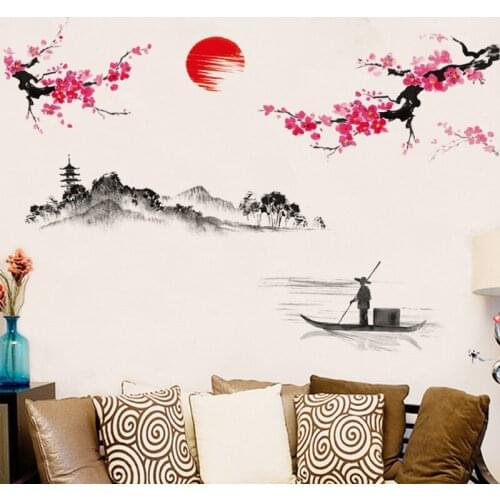Plum Sunrise Landscape Wall Stickers Living Room Bedroom Background for Home Decoration Chinese Style Art Mural Decals Wallpaper