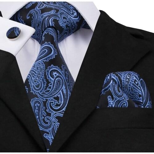SN-981 Blue Black Paisley Tie Hanky Cufflinks Sets Mens 100% Silk Ties for men Formal Wedding Party Groom