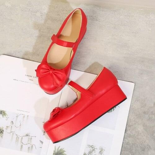 Lolita Shoes Platform Spring Flats Women Shoes Sweet Bow Flat Mary Janes Shoes Round Toe Lady Footwear Red Pink Size 33-41