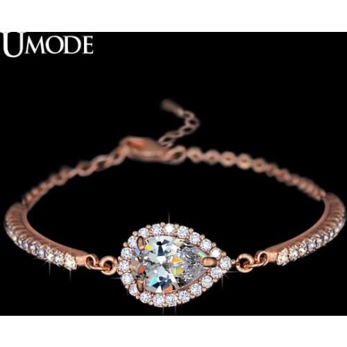 UMODE Austrian Rhinestones Cup Chain and Micro CZ Pave 2 Carat Pear Cut CZ Bracelet Rose Gold Color Jewelry Women UB0042A