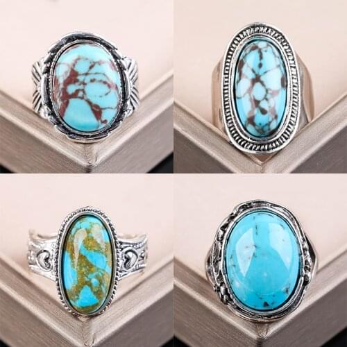 Vintage Ethnic Turquoises Rings For Women Bohemia Blue Stone Finger Ring Punk Style Jewelry For Women Men Party Gifts