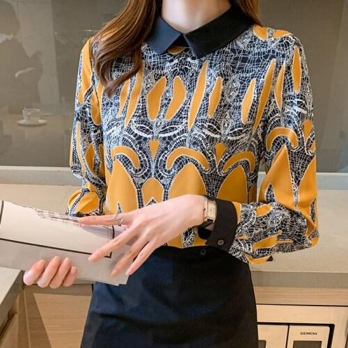 2021 European Autumn Chiffon Shirts Blouses For Women Printed Long Sleeve Ladies Retro Shirt Tops High Quality Female Clothes