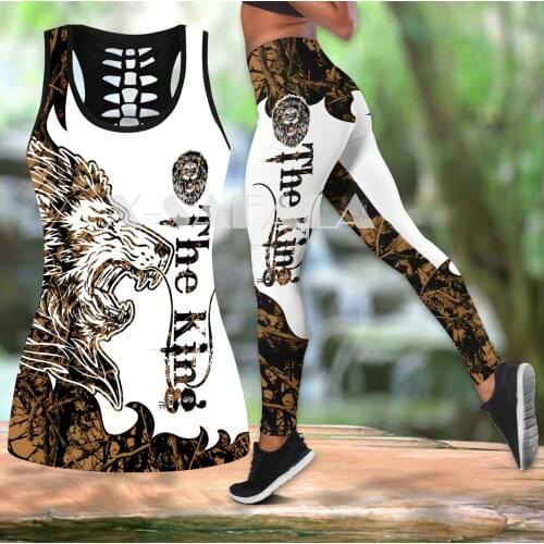 Tattoo King Lion Art Legings Two Piece Yoga Set Women 3D Print Vest Hollow Out Tank Top High Waist Legging Summer Casual Sport-1