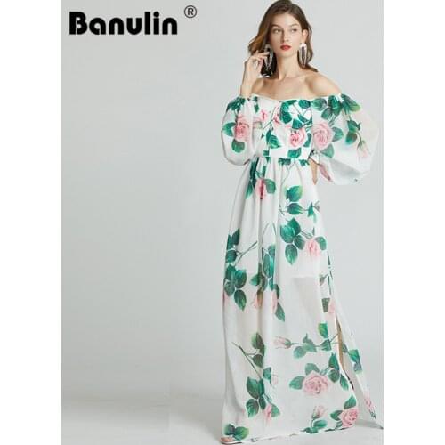 Banulin Summer Women Runway Split Long Dress Slash Neck Lantern Sleeve Rose Floral Print Party Holiday Floor Length Dress N7326