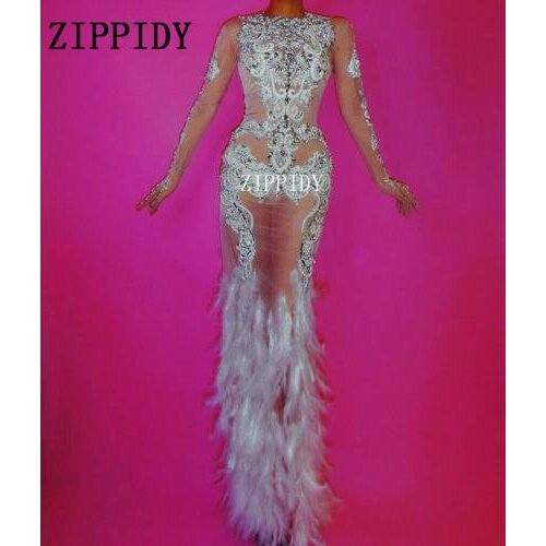 Womens Prom Birthday Celebrate Crystals Dresses New Fashion Luxurious Rhinestones Dress Glisten Evening Feather Mesh Dress