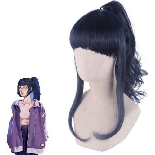 Anime Hyuuga Ichizoku Dark Blue Long Cosplay Wig With Claw Ponytail Synthetic Hair Halloween Costume Party Wigs With Bangs