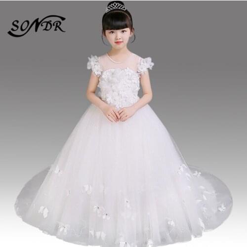 Train White Flower Girl Dress for Weddings HT149 Appliques Kids First Communion Party Decorations Flower Girl Pageant Ball Gown